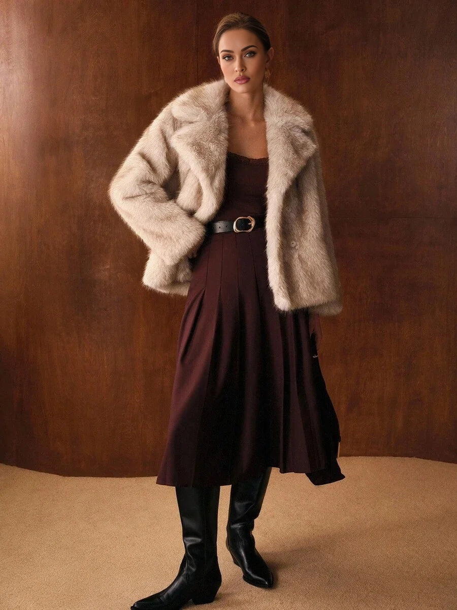 PREMIUM ELEGANT FAUX FUR COLLAR SHORT JACKET AUTUMNWINTER