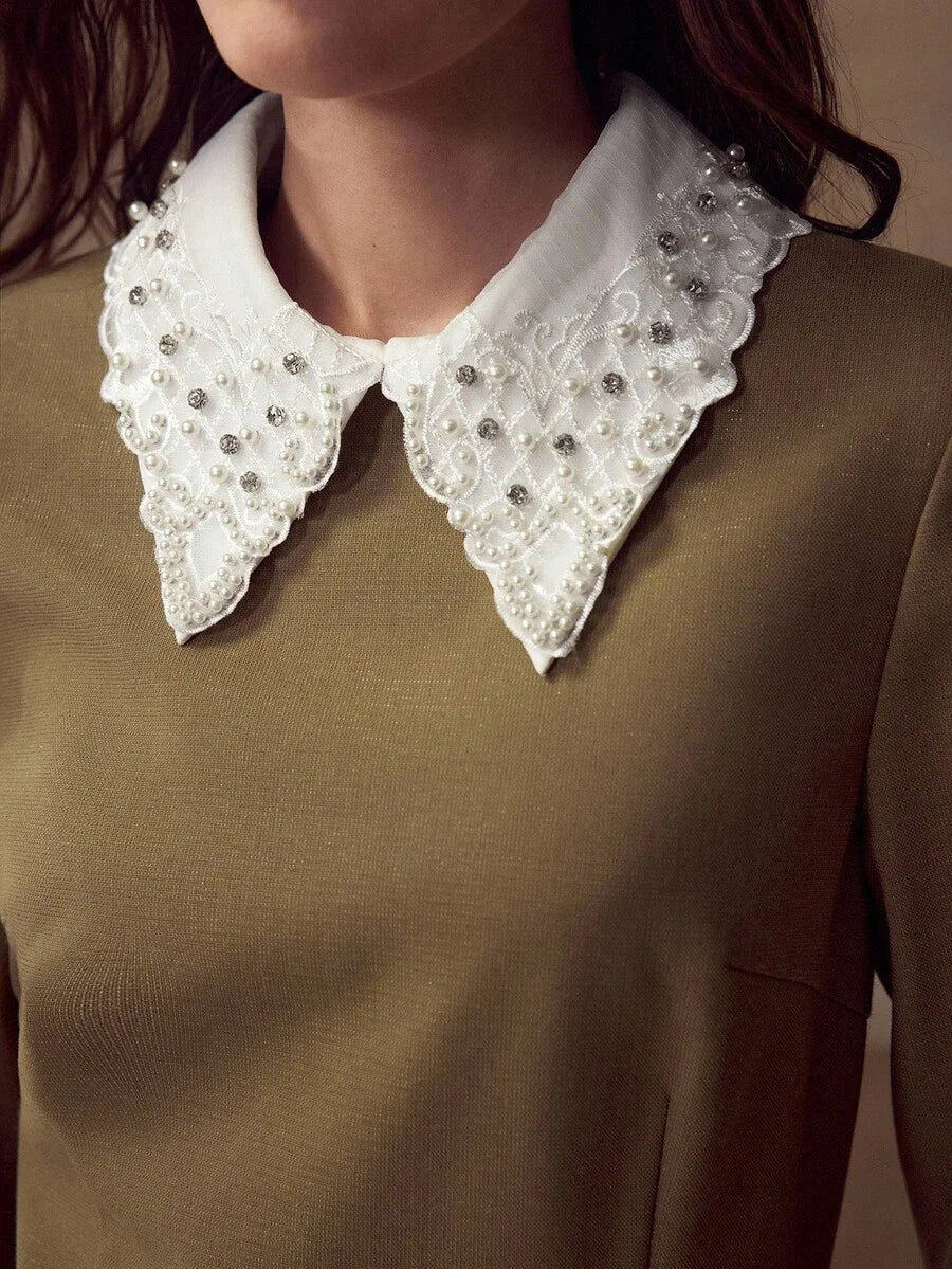 PREMIUM ELEGANT FAUX PEARL amp RHINESTONE COLLAR WAIST CINCHED LONG SLEEVE DRESS