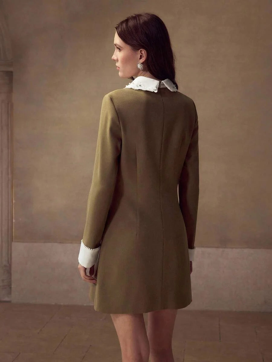 PREMIUM ELEGANT FAUX PEARL amp RHINESTONE COLLAR WAIST CINCHED LONG SLEEVE DRESS