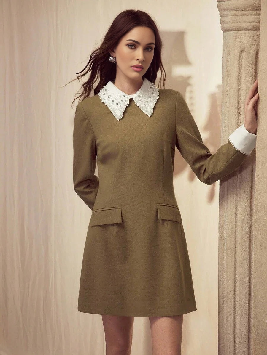 PREMIUM ELEGANT FAUX PEARL amp RHINESTONE COLLAR WAIST CINCHED LONG SLEEVE DRESS