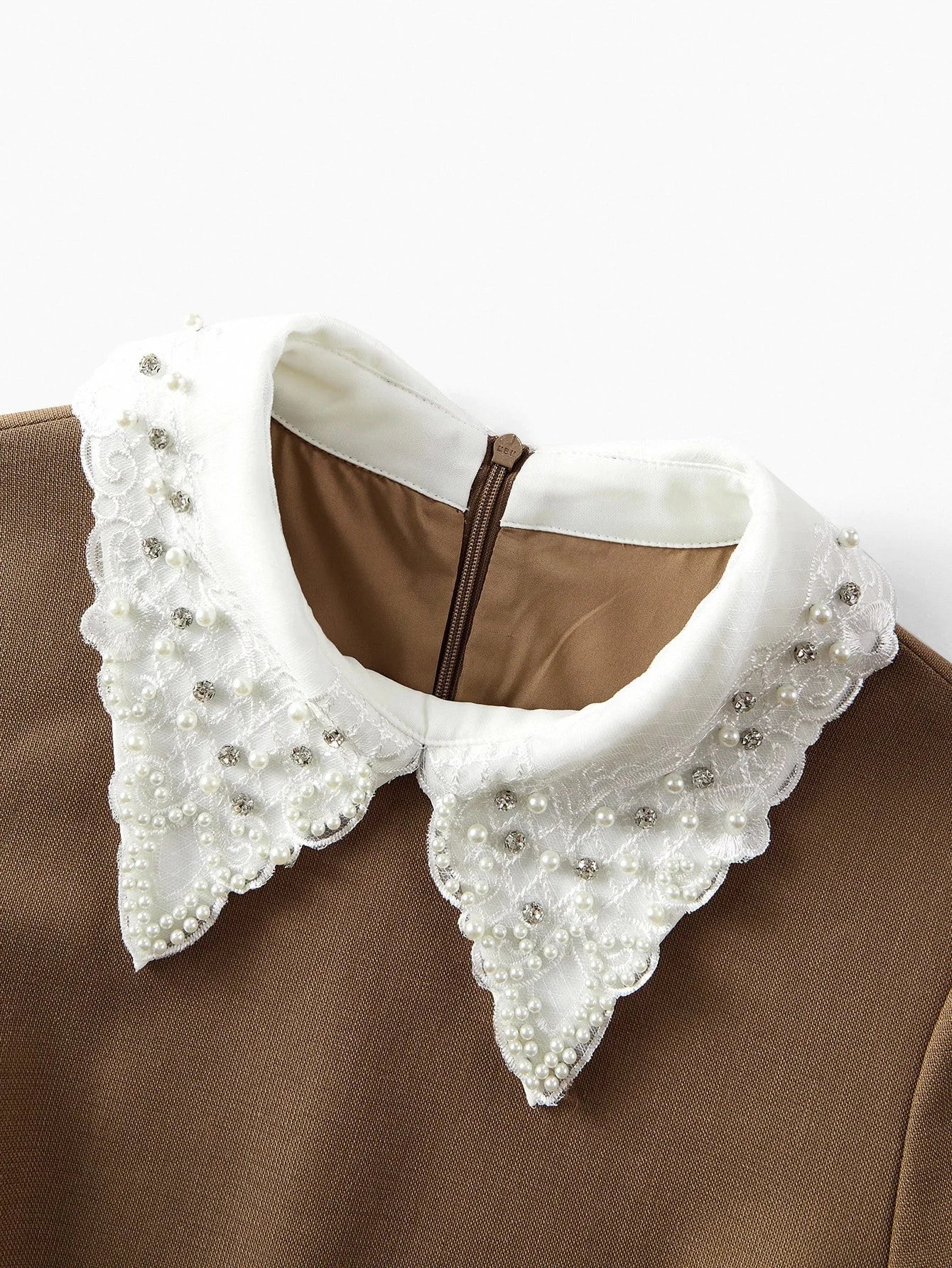 PREMIUM ELEGANT FAUX PEARL amp RHINESTONE COLLAR WAIST CINCHED LONG SLEEVE DRESS