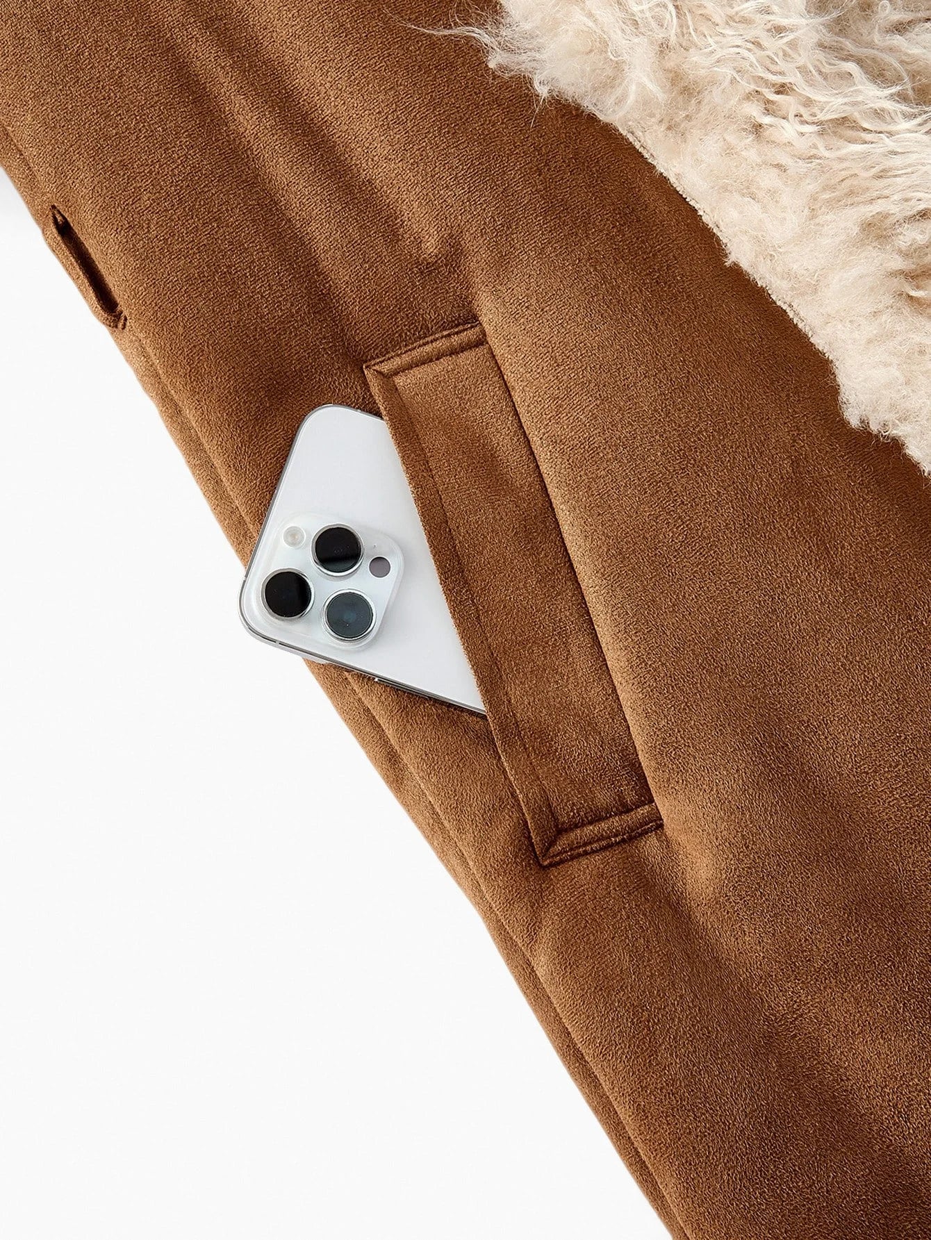 PREMIUM ELEGANT FAUX SUEDE LONG FUR COLLAR amp CUFF MIDLENGTH COAT AUTUMNWINTER