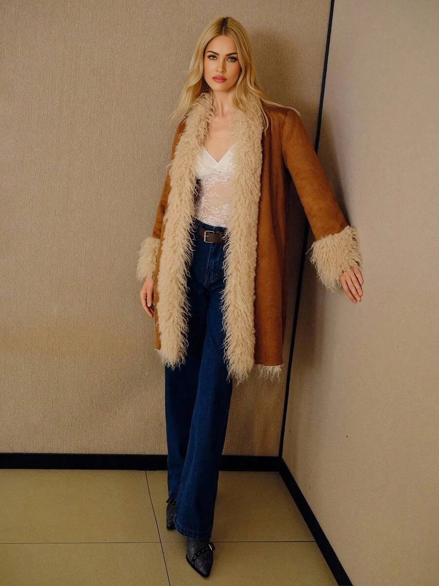 PREMIUM ELEGANT FAUX SUEDE LONG FUR COLLAR amp CUFF MIDLENGTH COAT AUTUMNWINTER