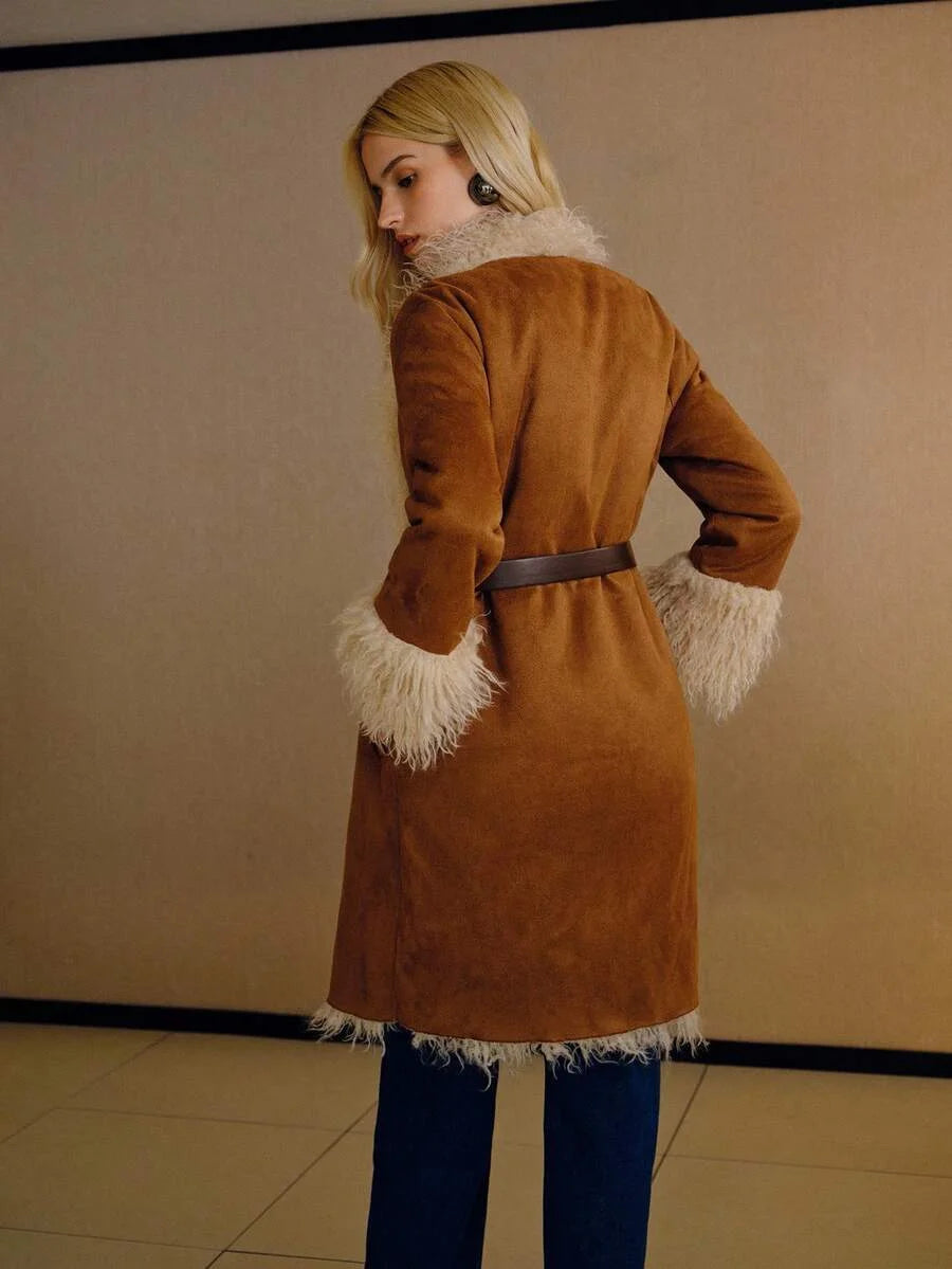 PREMIUM ELEGANT FAUX SUEDE LONG FUR COLLAR amp CUFF MIDLENGTH COAT AUTUMNWINTER