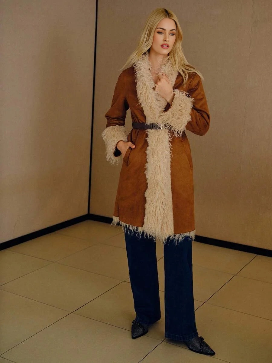 PREMIUM ELEGANT FAUX SUEDE LONG FUR COLLAR amp CUFF MIDLENGTH COAT AUTUMNWINTER
