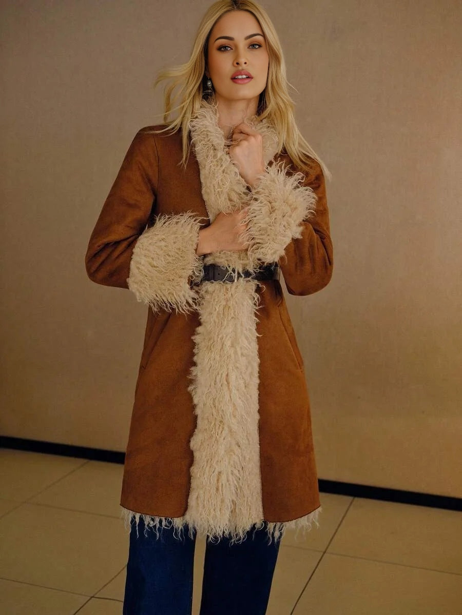 PREMIUM ELEGANT FAUX SUEDE LONG FUR COLLAR amp CUFF MIDLENGTH COAT AUTUMNWINTER