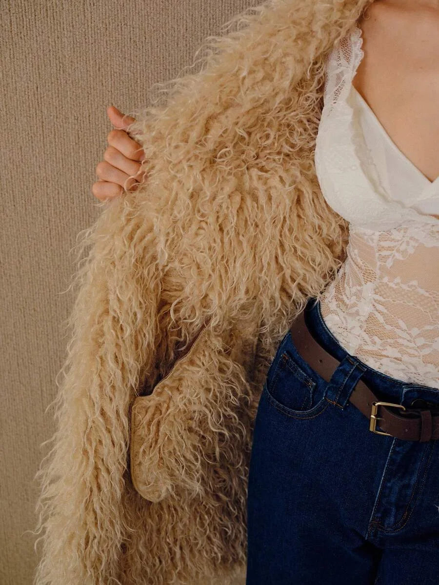 PREMIUM ELEGANT FAUX SUEDE LONG FUR COLLAR amp CUFF MIDLENGTH COAT AUTUMNWINTER