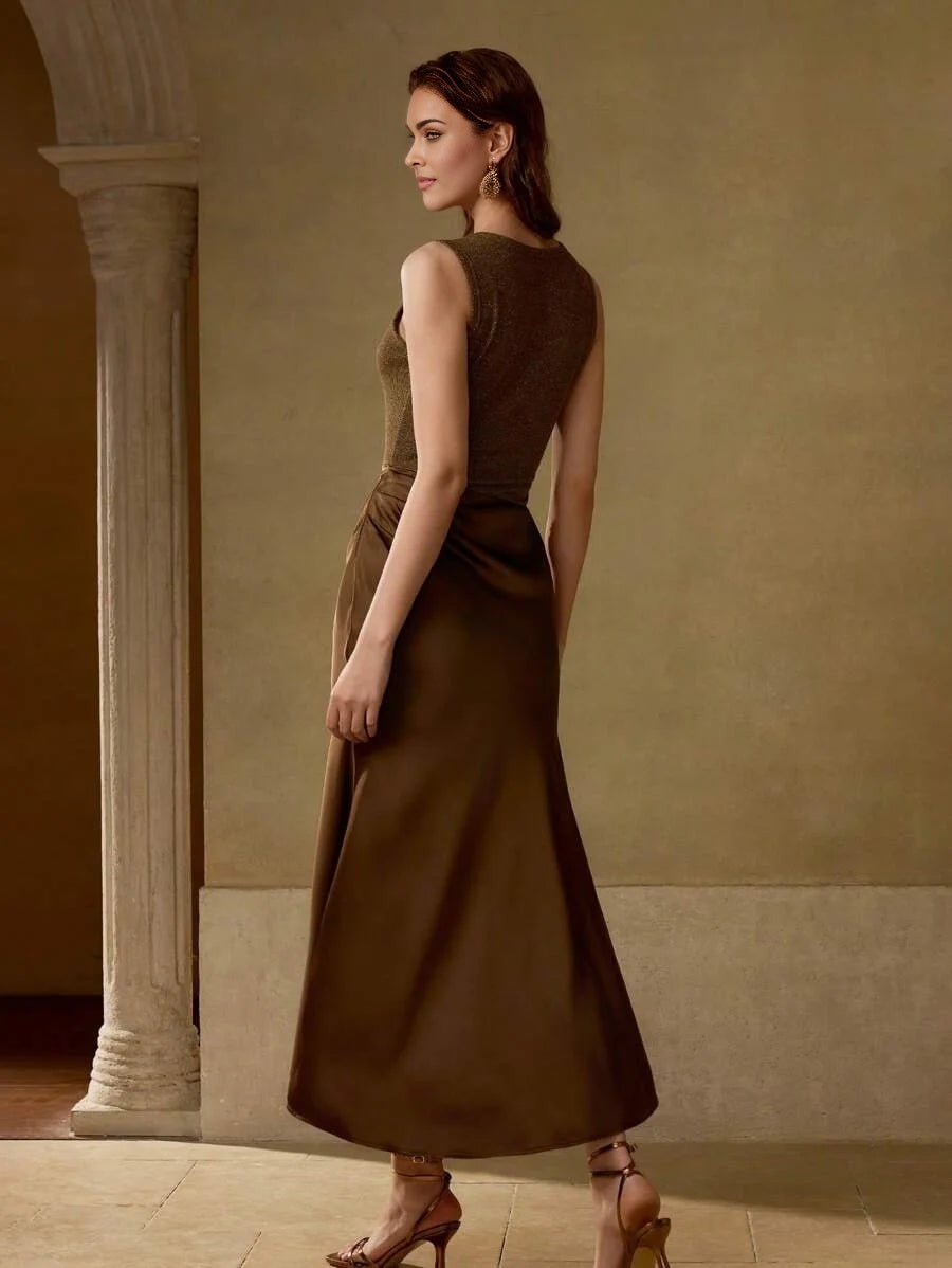 PREMIUM Elegant Pleated Asymmetrical Hem Glitter Detail Women Dress