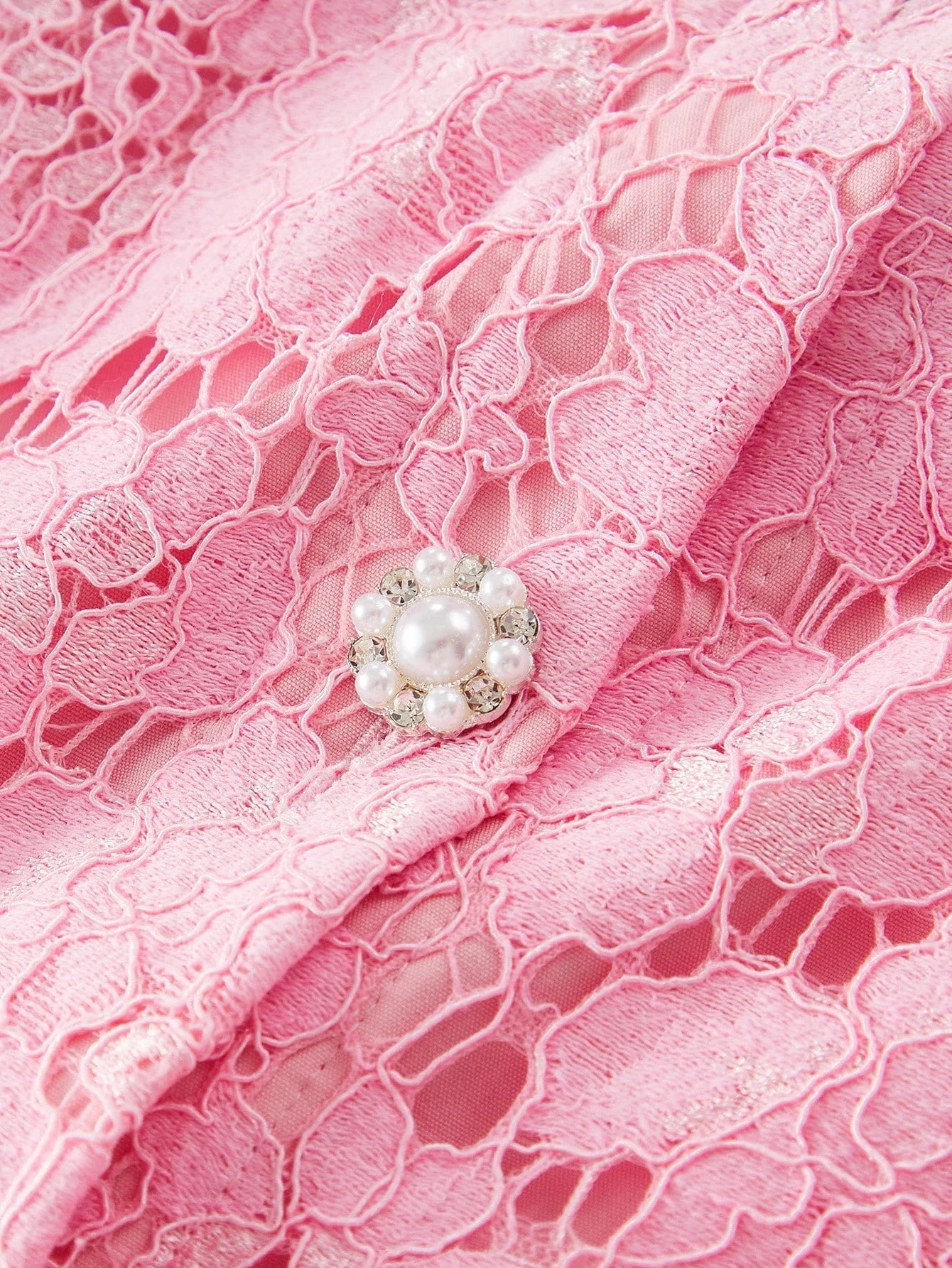 PREMIUM ELEGANT ROMANTIC LACE CONTRAST COLLAR PEARL DECOR MOCK POCKET SHORT DRESS