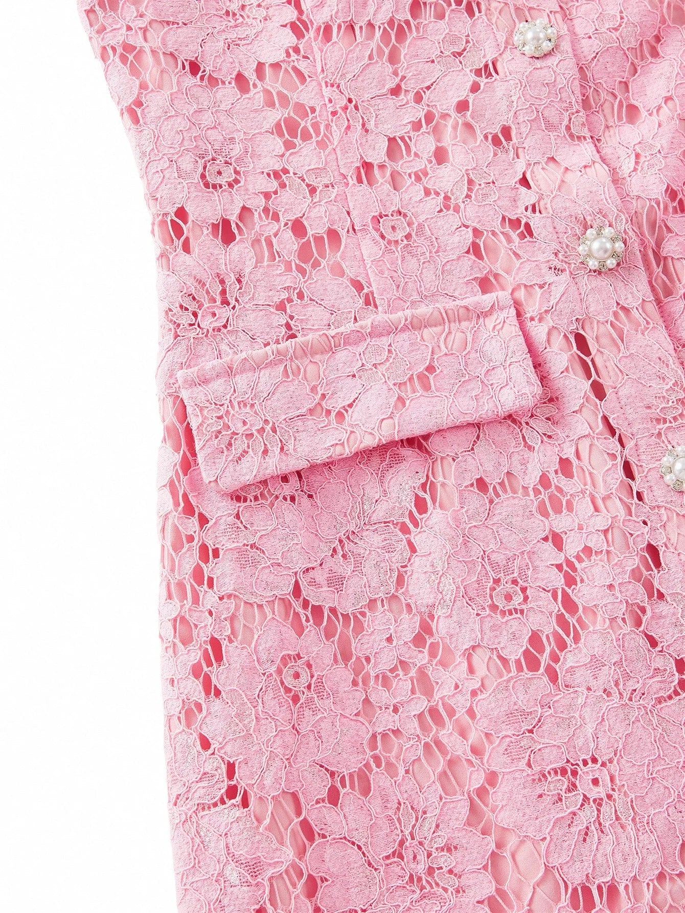 PREMIUM ELEGANT ROMANTIC LACE CONTRAST COLLAR PEARL DECOR MOCK POCKET SHORT DRESS