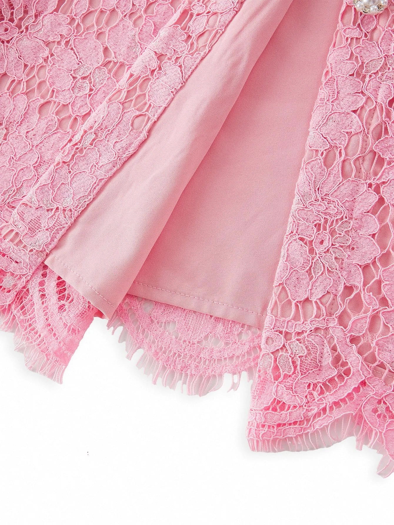 PREMIUM ELEGANT ROMANTIC LACE CONTRAST COLLAR PEARL DECOR MOCK POCKET SHORT DRESS