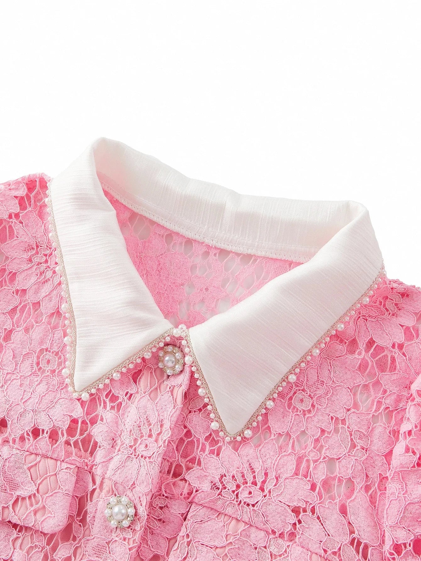 PREMIUM ELEGANT ROMANTIC LACE CONTRAST COLLAR PEARL DECOR MOCK POCKET SHORT DRESS