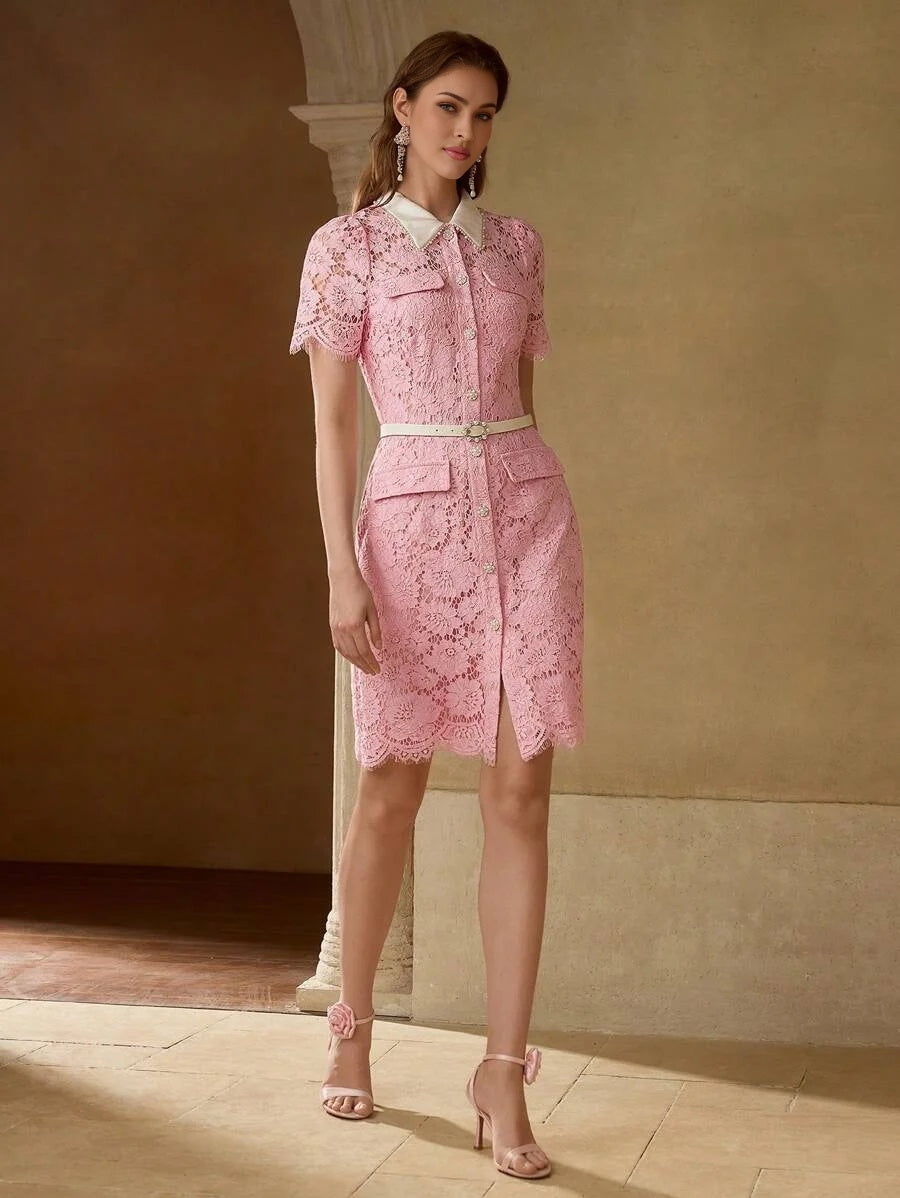 PREMIUM ELEGANT ROMANTIC LACE CONTRAST COLLAR PEARL DECOR MOCK POCKET SHORT DRESS