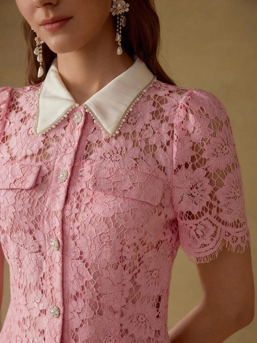 PREMIUM ELEGANT ROMANTIC LACE CONTRAST COLLAR PEARL DECOR MOCK POCKET SHORT DRESS