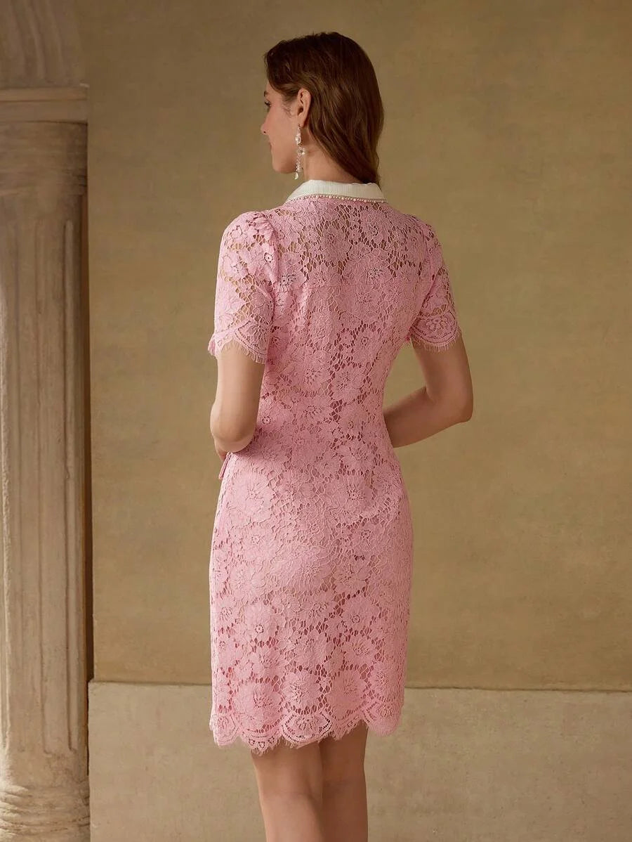 PREMIUM ELEGANT ROMANTIC LACE CONTRAST COLLAR PEARL DECOR MOCK POCKET SHORT DRESS