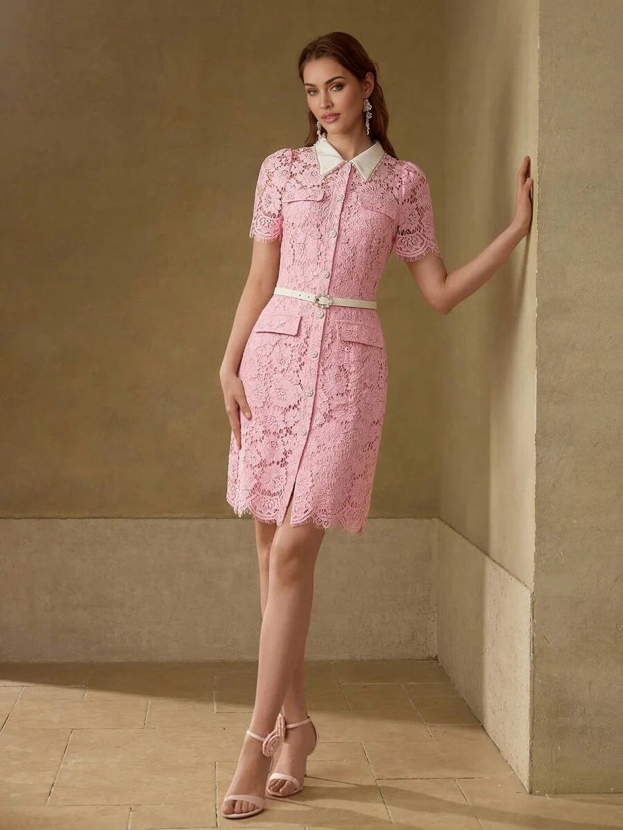 PREMIUM ELEGANT ROMANTIC LACE CONTRAST COLLAR PEARL DECOR MOCK POCKET SHORT DRESS