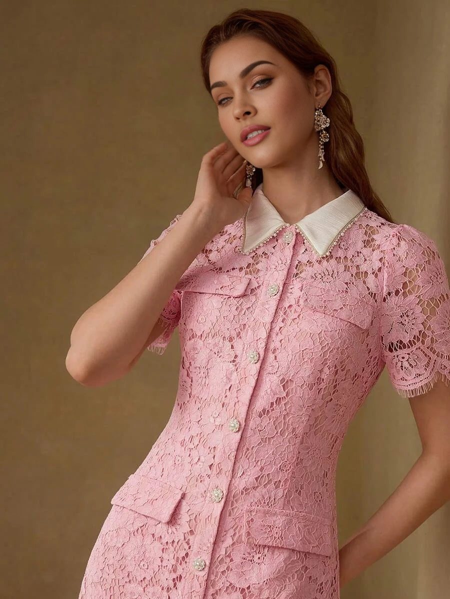 PREMIUM ELEGANT ROMANTIC LACE CONTRAST COLLAR PEARL DECOR MOCK POCKET SHORT DRESS