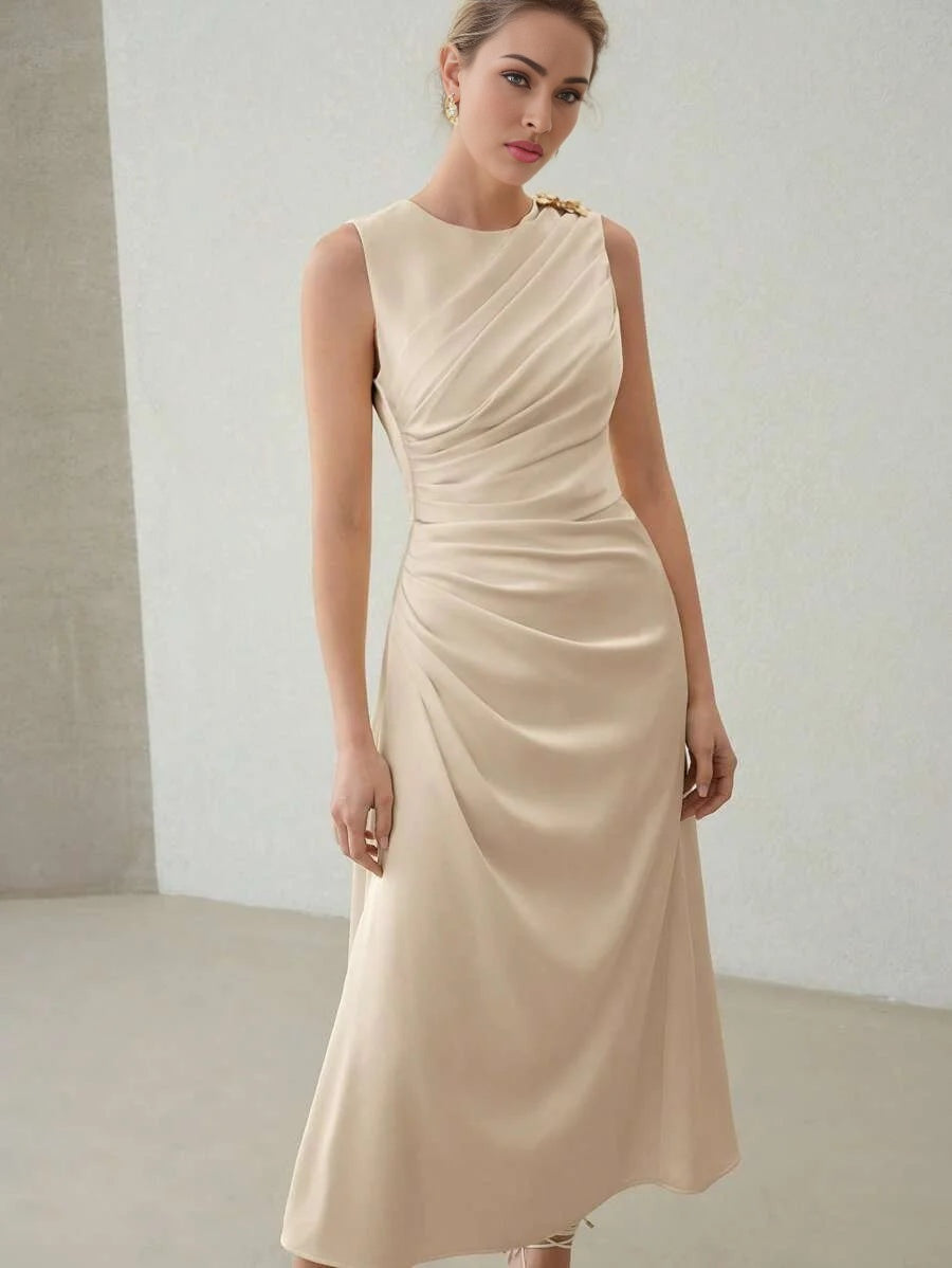 PREMIUM ELEGANT SOLID RUCHED WAIST SLIM FIT DRESS SUITABLE FOR DATES AND EVERYDAY WEAR