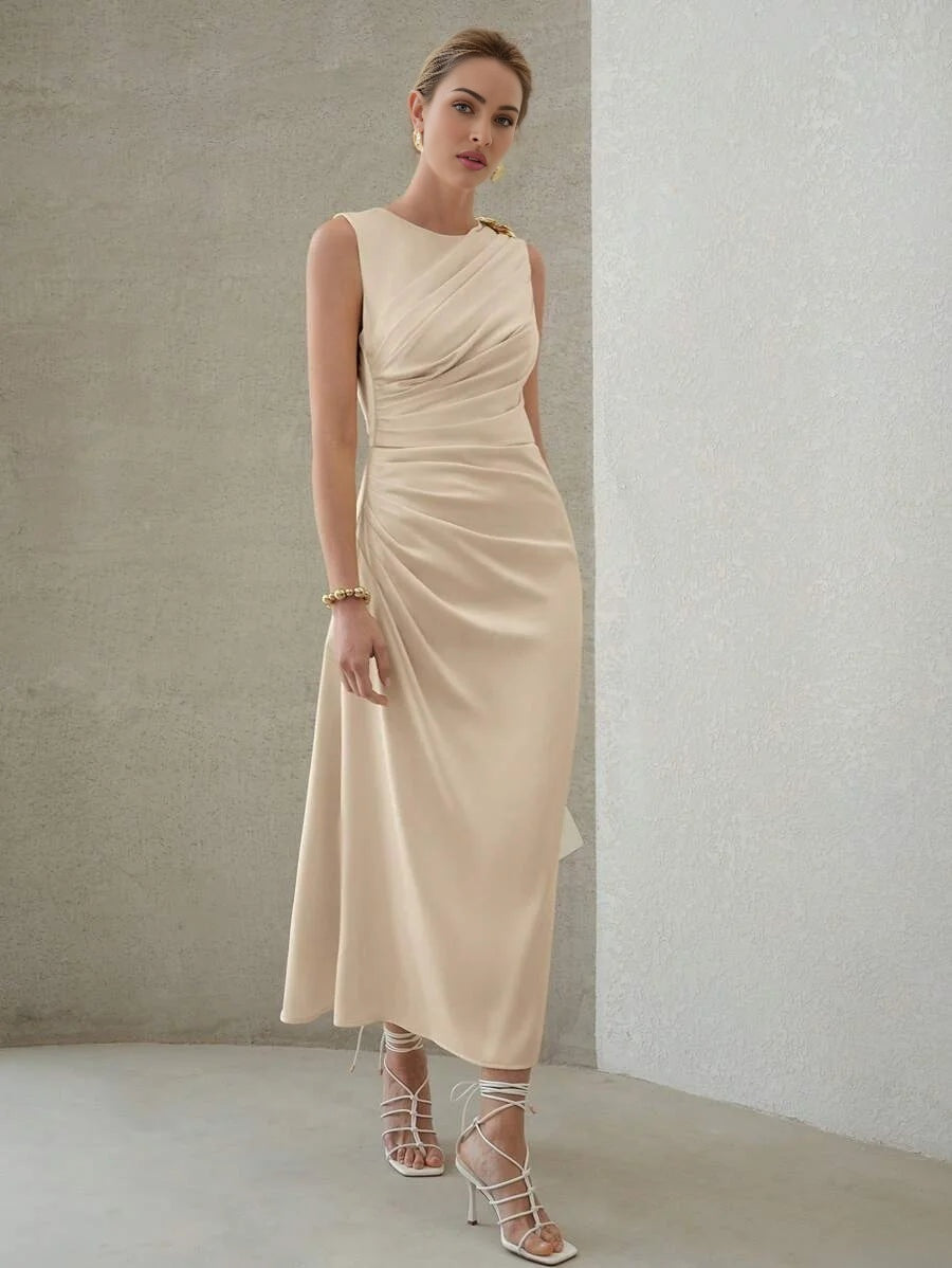 PREMIUM ELEGANT SOLID RUCHED WAIST SLIM FIT DRESS SUITABLE FOR DATES AND EVERYDAY WEAR