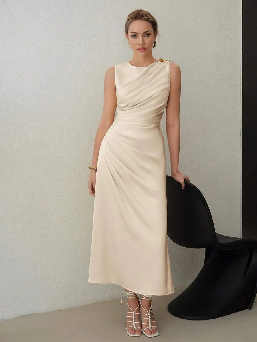 PREMIUM ELEGANT SOLID RUCHED WAIST SLIM FIT DRESS SUITABLE FOR DATES AND EVERYDAY WEAR