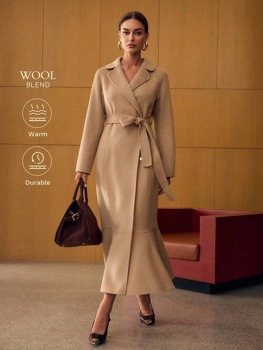 PREMIUM ELEGANT WAISTCINCHED FITTED MERMAID COLLAR DOUBLEFACED WOOL OVERCOAT AUTUMNWINTER