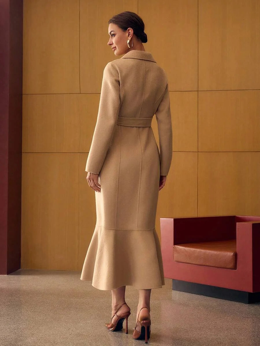 PREMIUM ELEGANT WAISTCINCHED FITTED MERMAID COLLAR DOUBLEFACED WOOL OVERCOAT AUTUMNWINTER