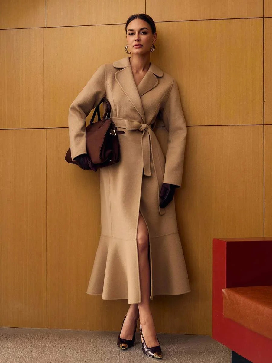 PREMIUM ELEGANT WAISTCINCHED FITTED MERMAID COLLAR DOUBLEFACED WOOL OVERCOAT AUTUMNWINTER
