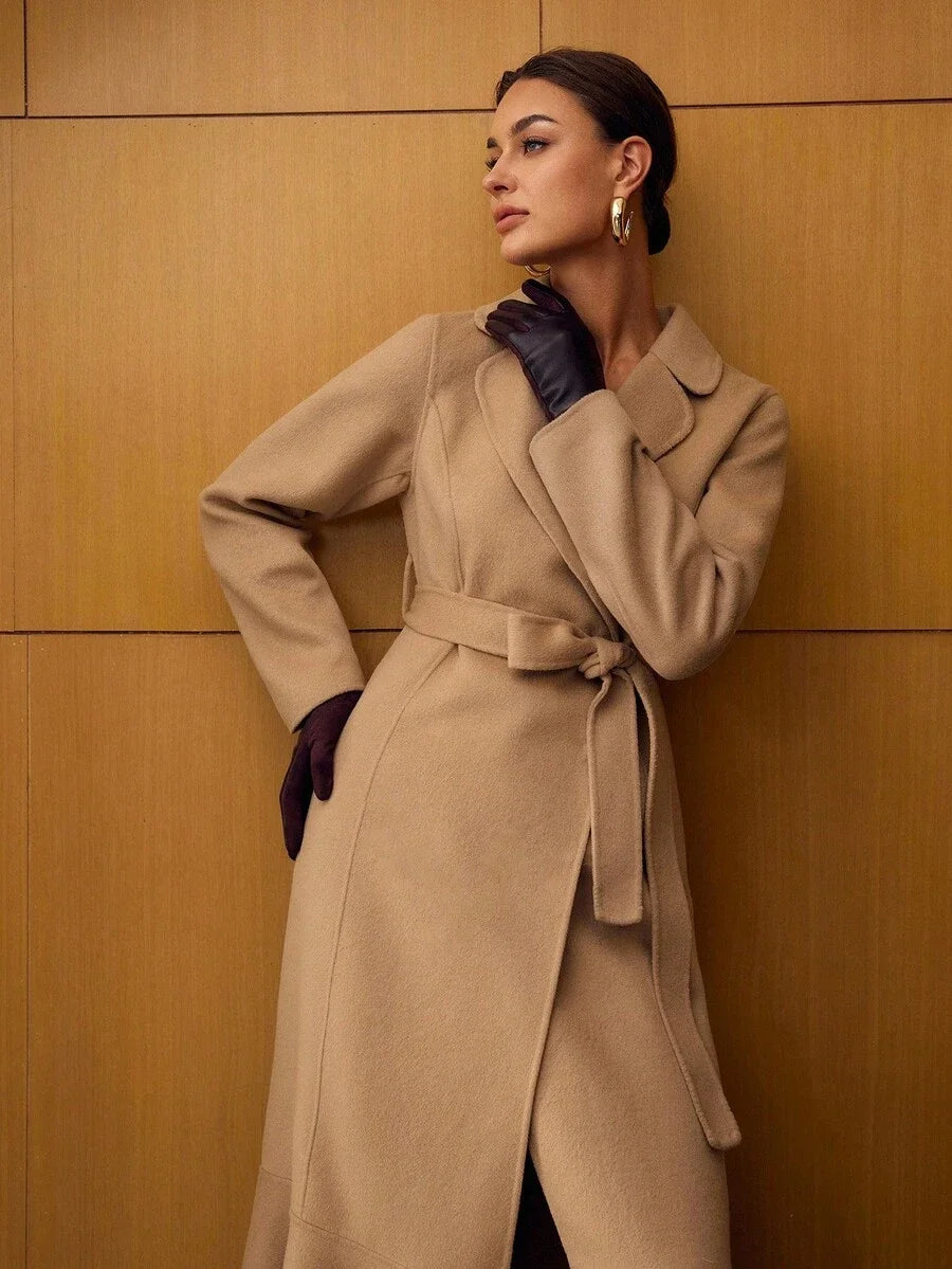 PREMIUM ELEGANT WAISTCINCHED FITTED MERMAID COLLAR DOUBLEFACED WOOL OVERCOAT AUTUMNWINTER