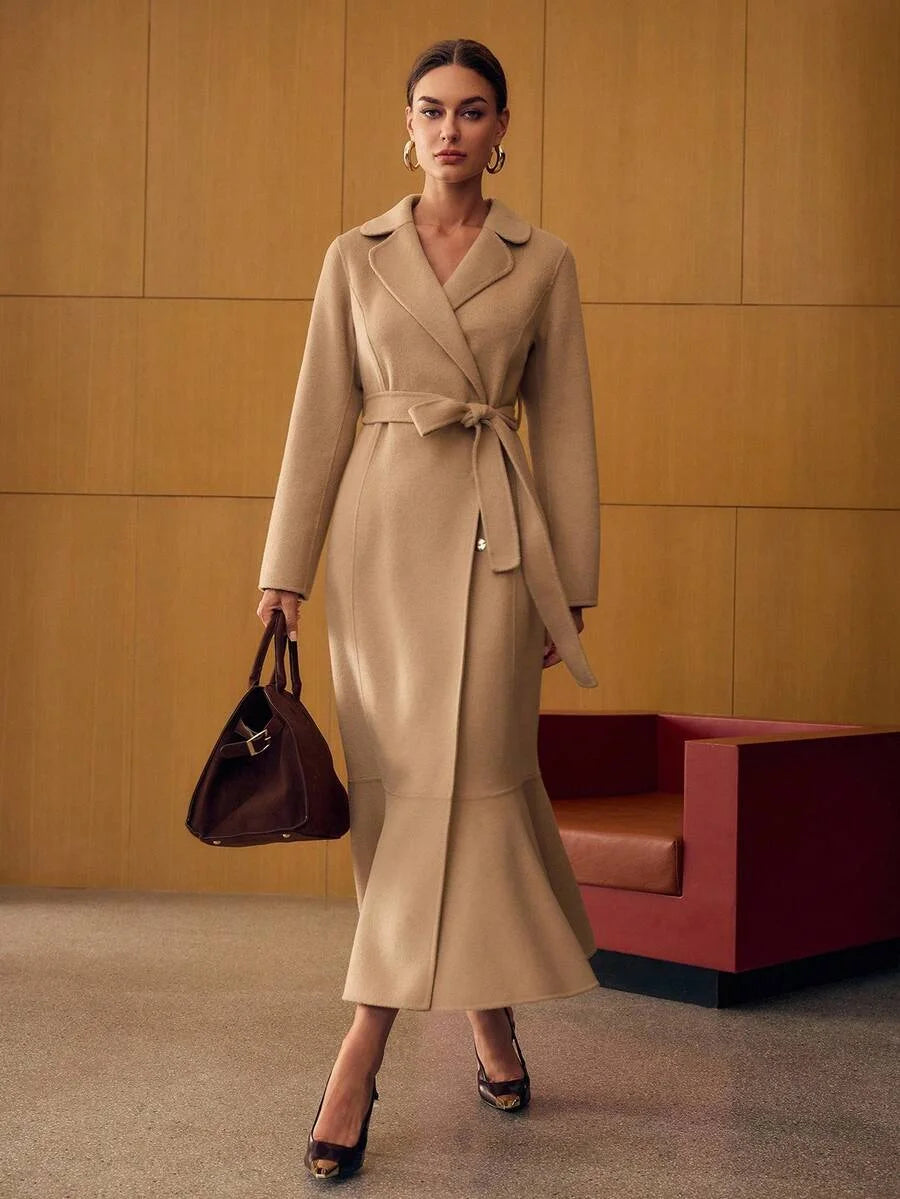 PREMIUM ELEGANT WAISTCINCHED FITTED MERMAID COLLAR DOUBLEFACED WOOL OVERCOAT AUTUMNWINTER