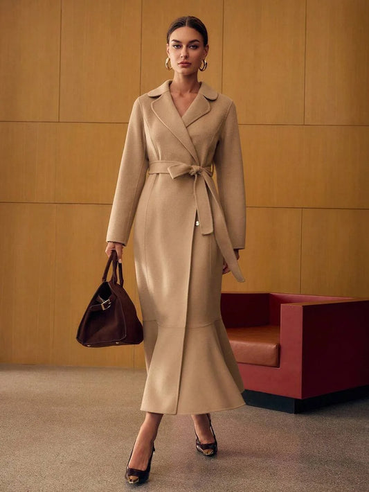 PREMIUM ELEGANT WAISTCINCHED FITTED MERMAID COLLAR DOUBLEFACED WOOL OVERCOAT AUTUMNWINTER