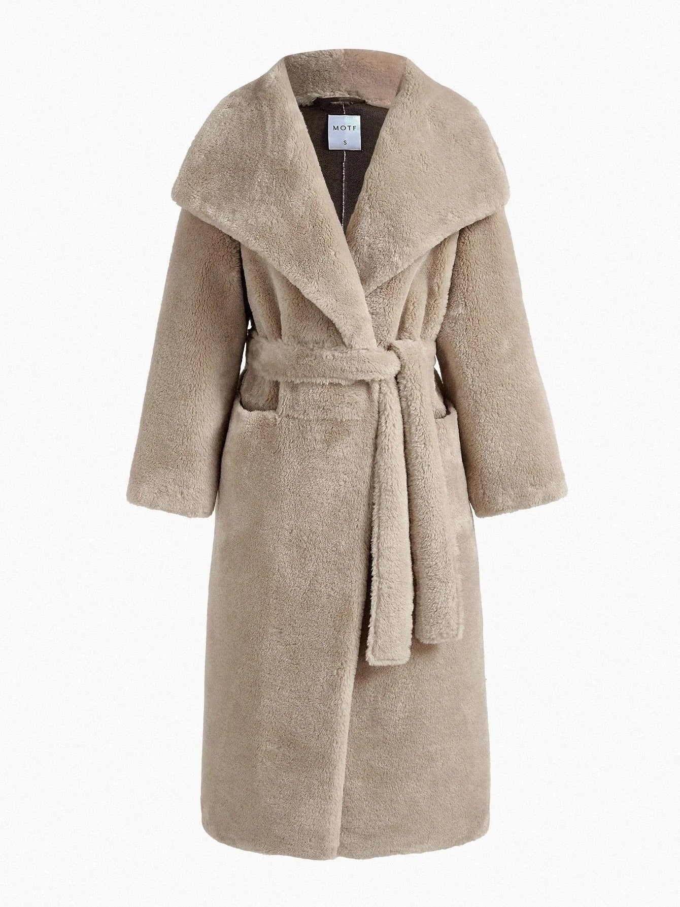 PREMIUM ELEGANT WIDE LAPEL BELTED LOOSE LONG FAUX FUR COAT AUTUMNWINTER