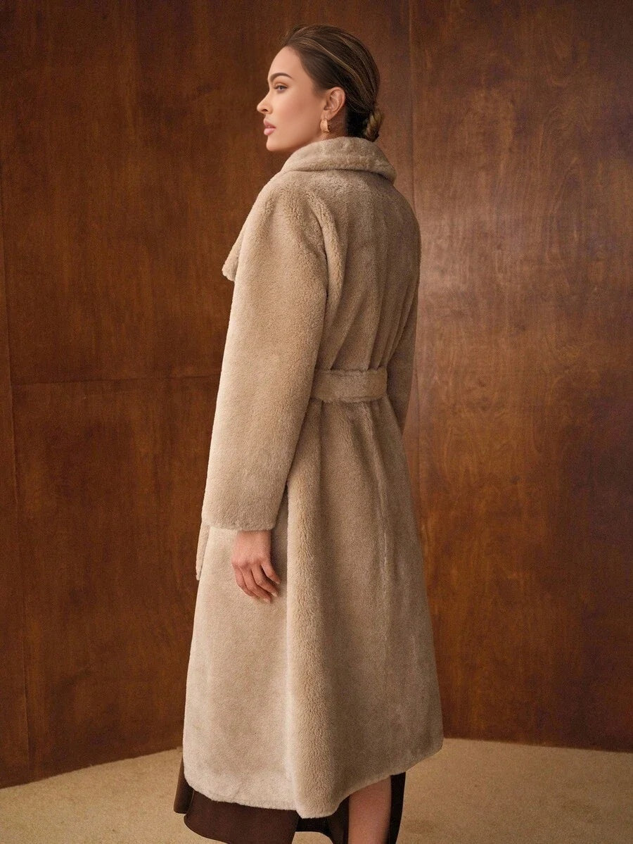 PREMIUM ELEGANT WIDE LAPEL BELTED LOOSE LONG FAUX FUR COAT AUTUMNWINTER