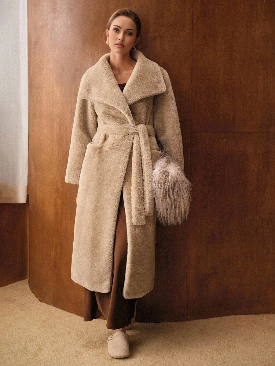 PREMIUM ELEGANT WIDE LAPEL BELTED LOOSE LONG FAUX FUR COAT AUTUMNWINTER