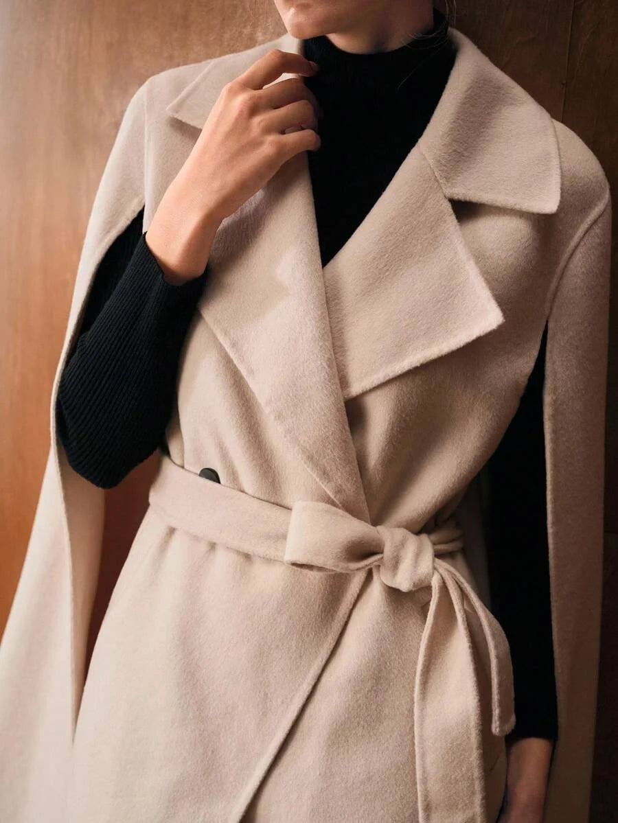 PREMIUM ELEGANT WOOL LONG OVERCOAT WITH WAIST BELT AUTUMNWINTER