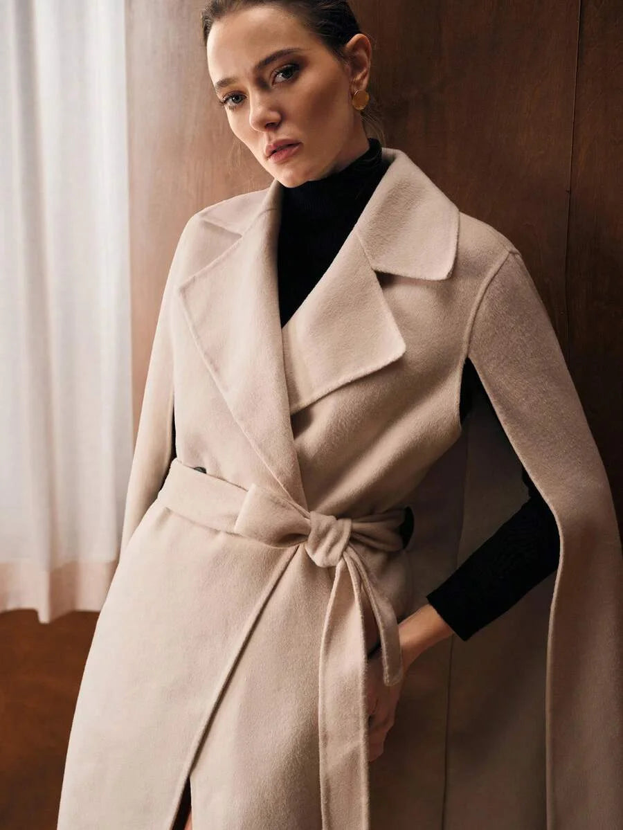 PREMIUM ELEGANT WOOL LONG OVERCOAT WITH WAIST BELT AUTUMNWINTER