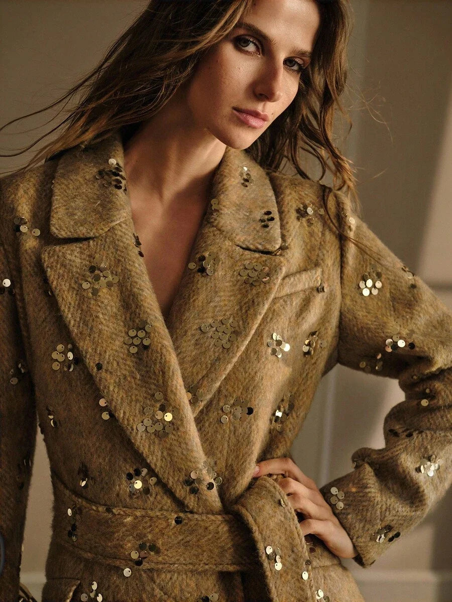 PREMIUM EMBELLISHED SEQUIN LAPEL COLLAR THICK HIGHEND OVERCOAT