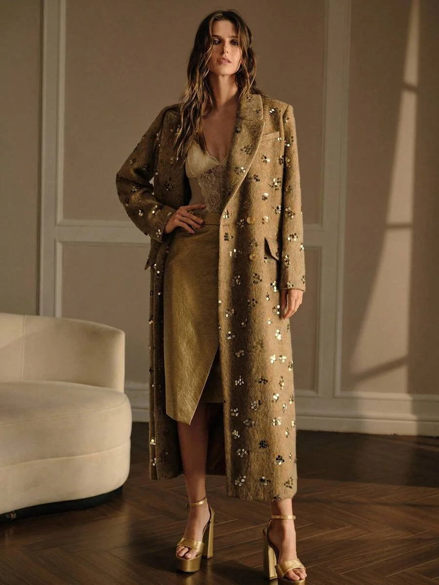 PREMIUM EMBELLISHED SEQUIN LAPEL COLLAR THICK HIGHEND OVERCOAT