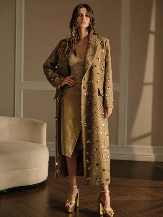 PREMIUM EMBELLISHED SEQUIN LAPEL COLLAR THICK HIGHEND OVERCOAT