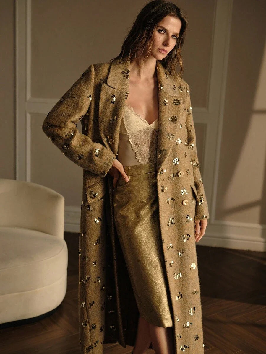 PREMIUM EMBELLISHED SEQUIN LAPEL COLLAR THICK HIGHEND OVERCOAT