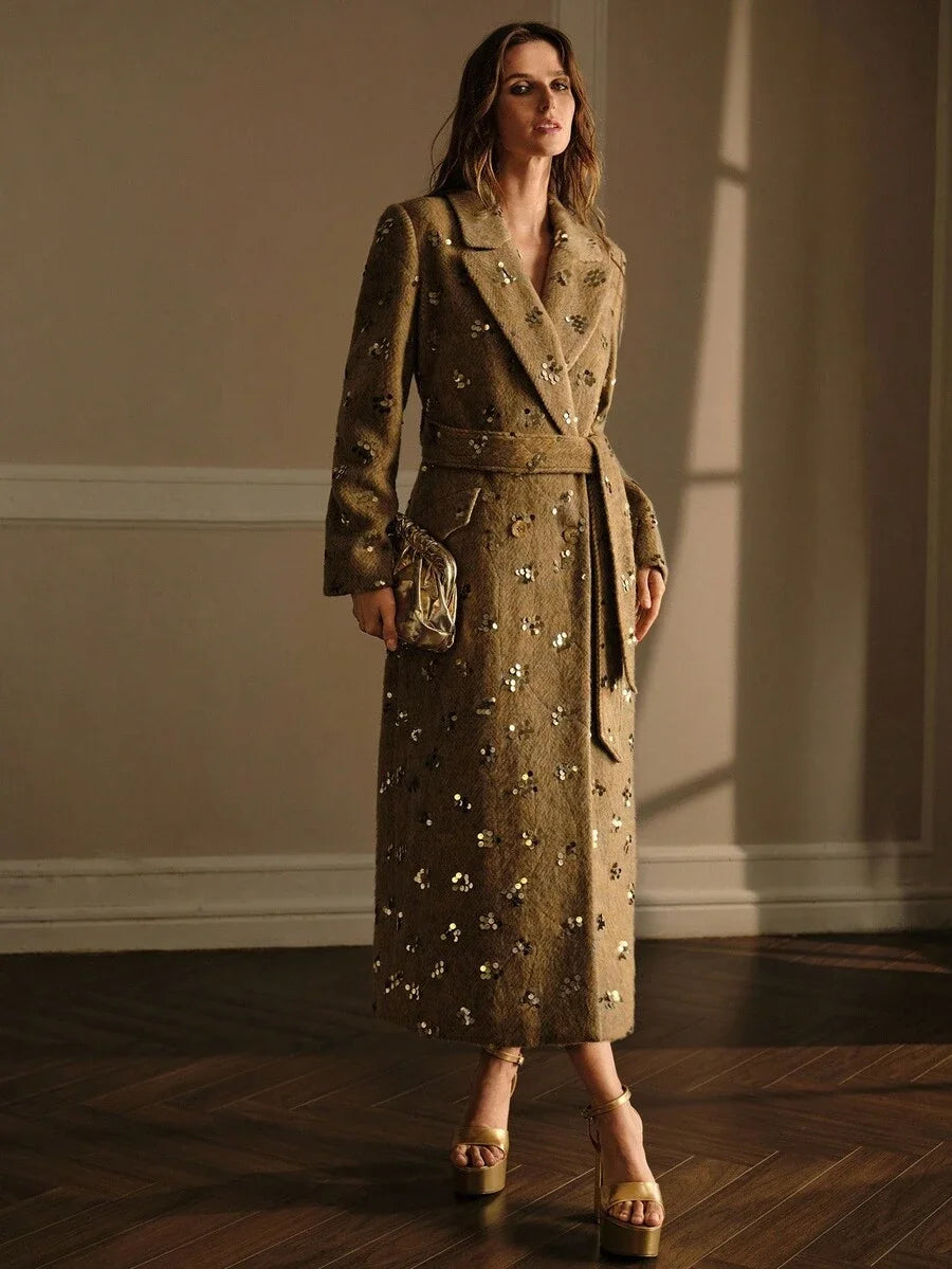 PREMIUM EMBELLISHED SEQUIN LAPEL COLLAR THICK HIGHEND OVERCOAT