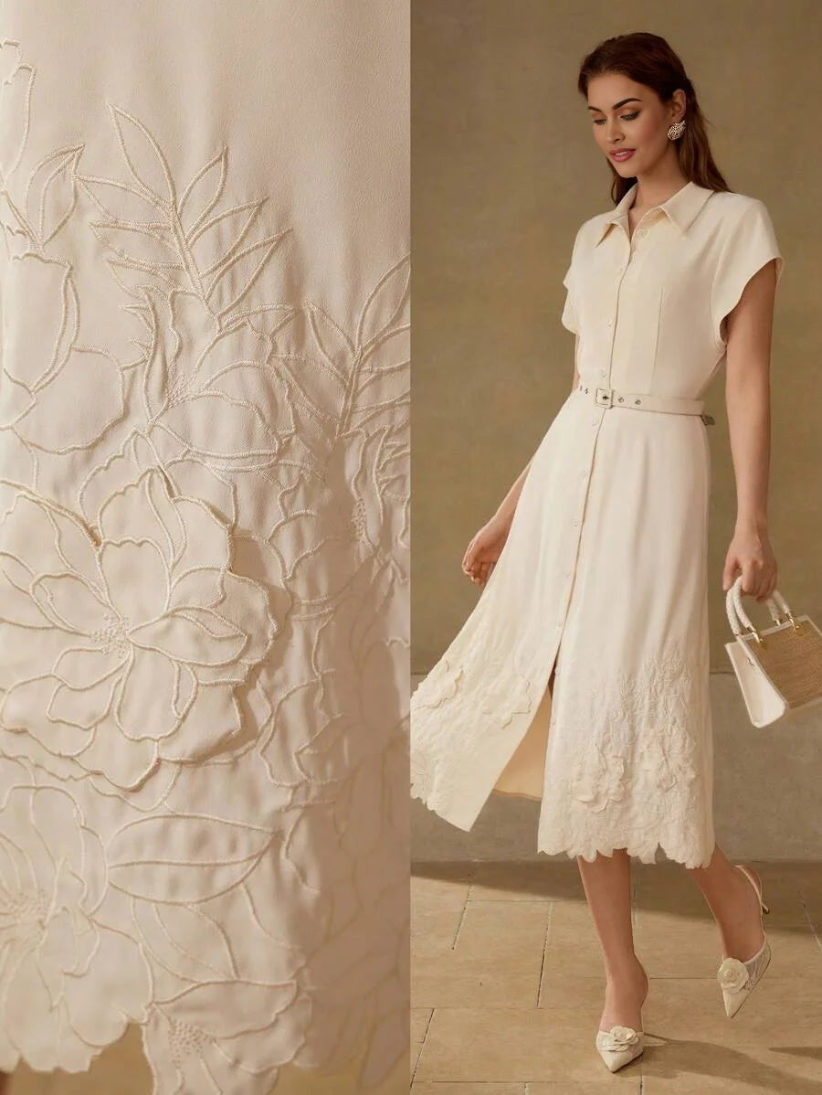 PREMIUM EMBROIDERED BELT MIDI DRESS