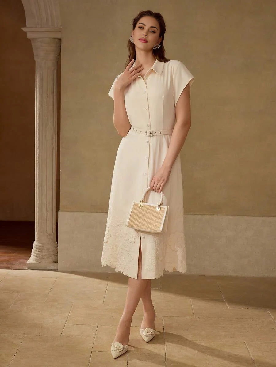 PREMIUM EMBROIDERED BELT MIDI DRESS