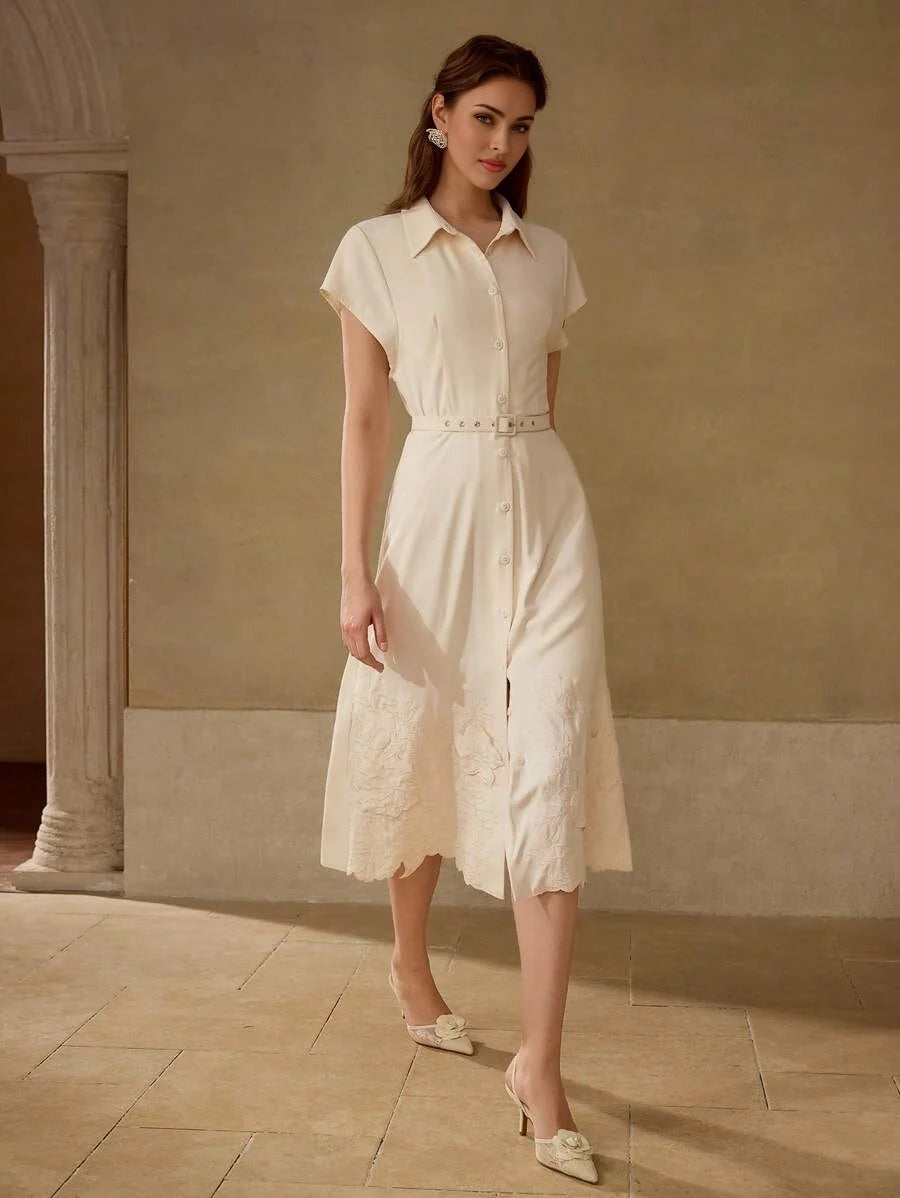 PREMIUM EMBROIDERED BELT MIDI DRESS