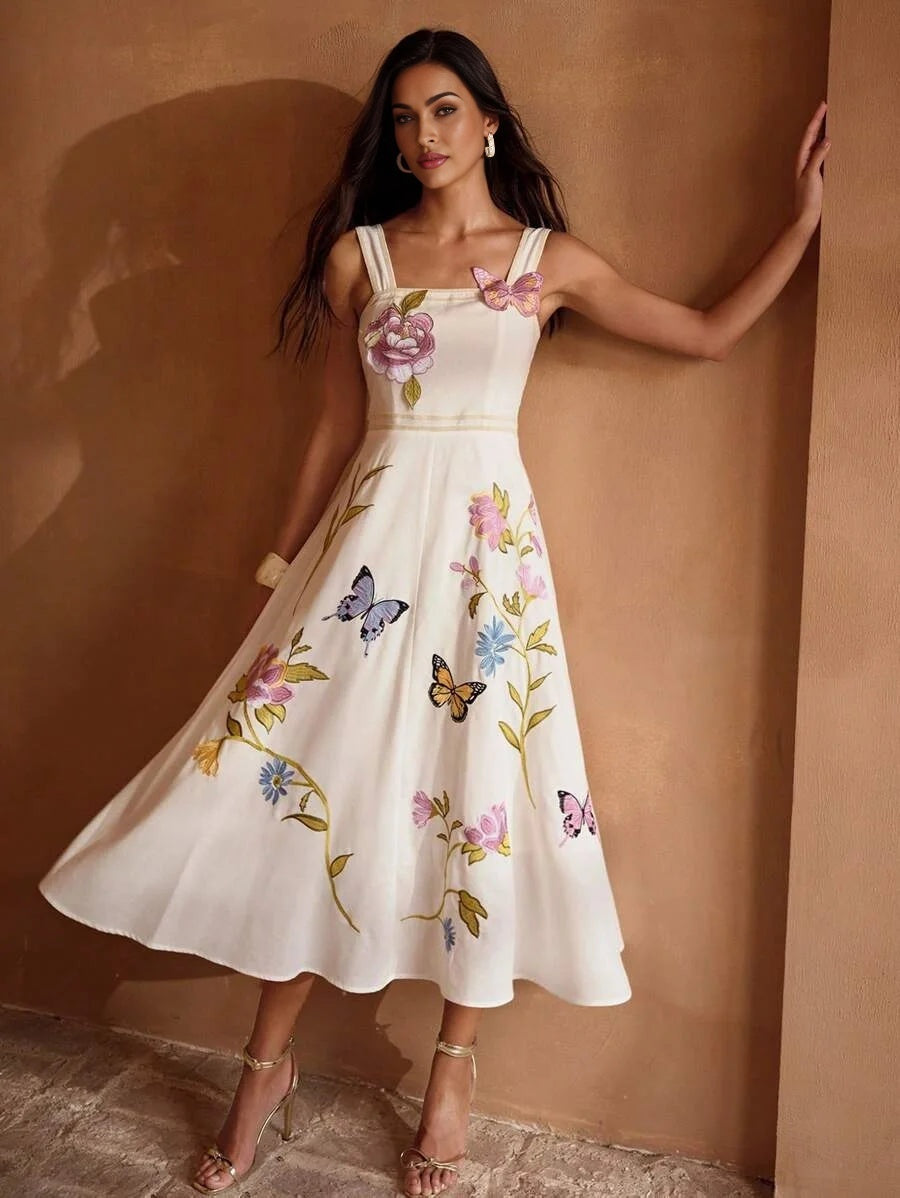 PREMIUM EMBROIDERED BUTTERFLY amp FLOWER PATTERN LINEN SLEEVELESS SQUARE NECK MIDI DRESS WITH WIDE