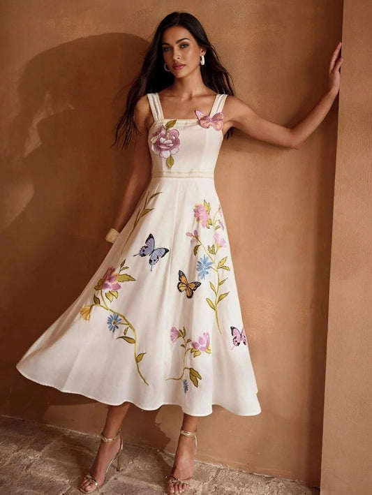 PREMIUM EMBROIDERED BUTTERFLY amp FLOWER PATTERN LINEN SLEEVELESS SQUARE NECK MIDI DRESS WITH WIDE