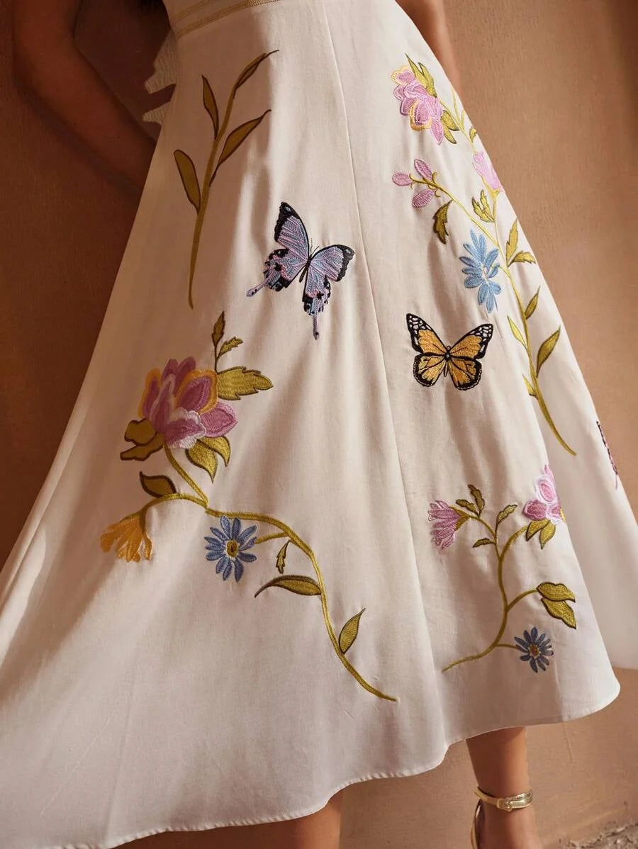 PREMIUM EMBROIDERED BUTTERFLY amp FLOWER PATTERN LINEN SLEEVELESS SQUARE NECK MIDI DRESS WITH WIDE