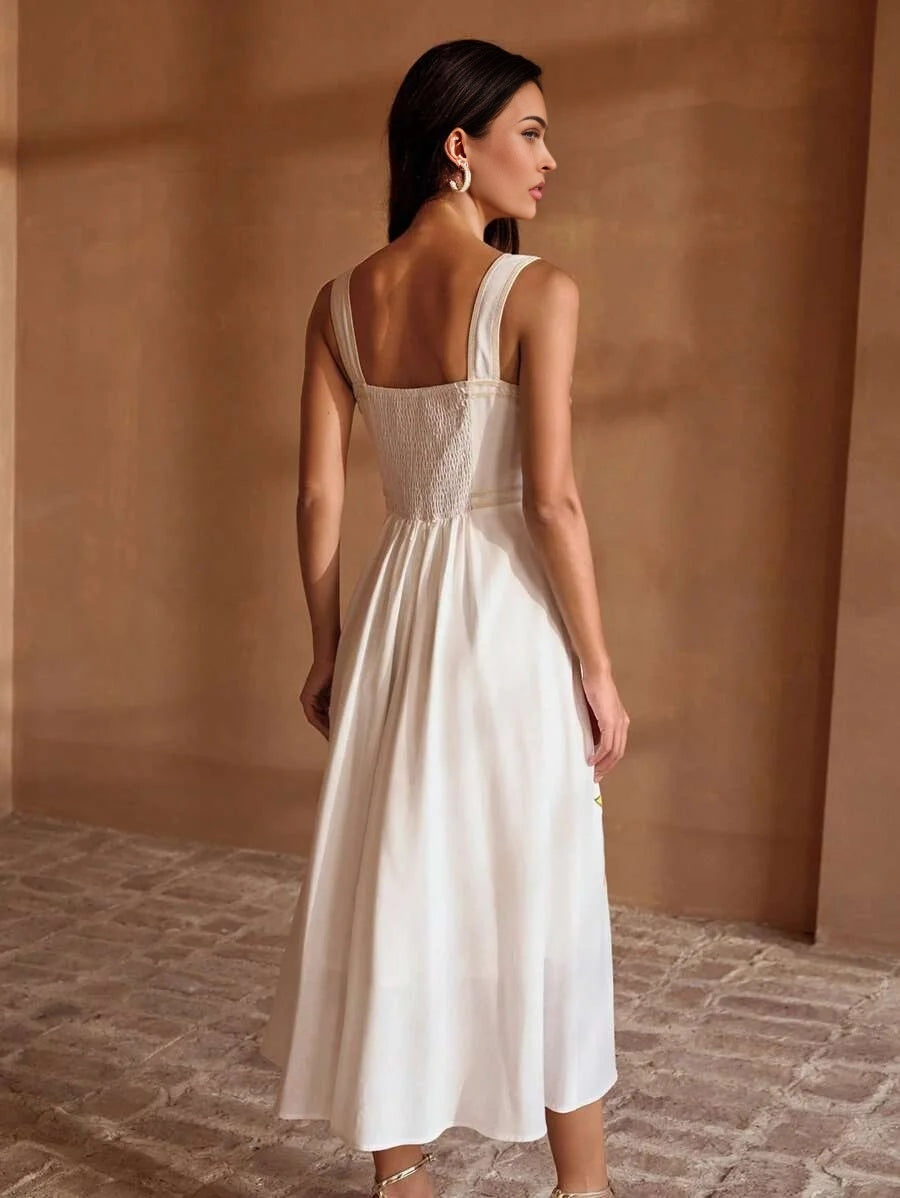 PREMIUM EMBROIDERED BUTTERFLY amp FLOWER PATTERN LINEN SLEEVELESS SQUARE NECK MIDI DRESS WITH WIDE