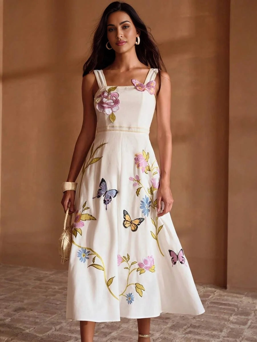 PREMIUM EMBROIDERED BUTTERFLY amp FLOWER PATTERN LINEN SLEEVELESS SQUARE NECK MIDI DRESS WITH WIDE