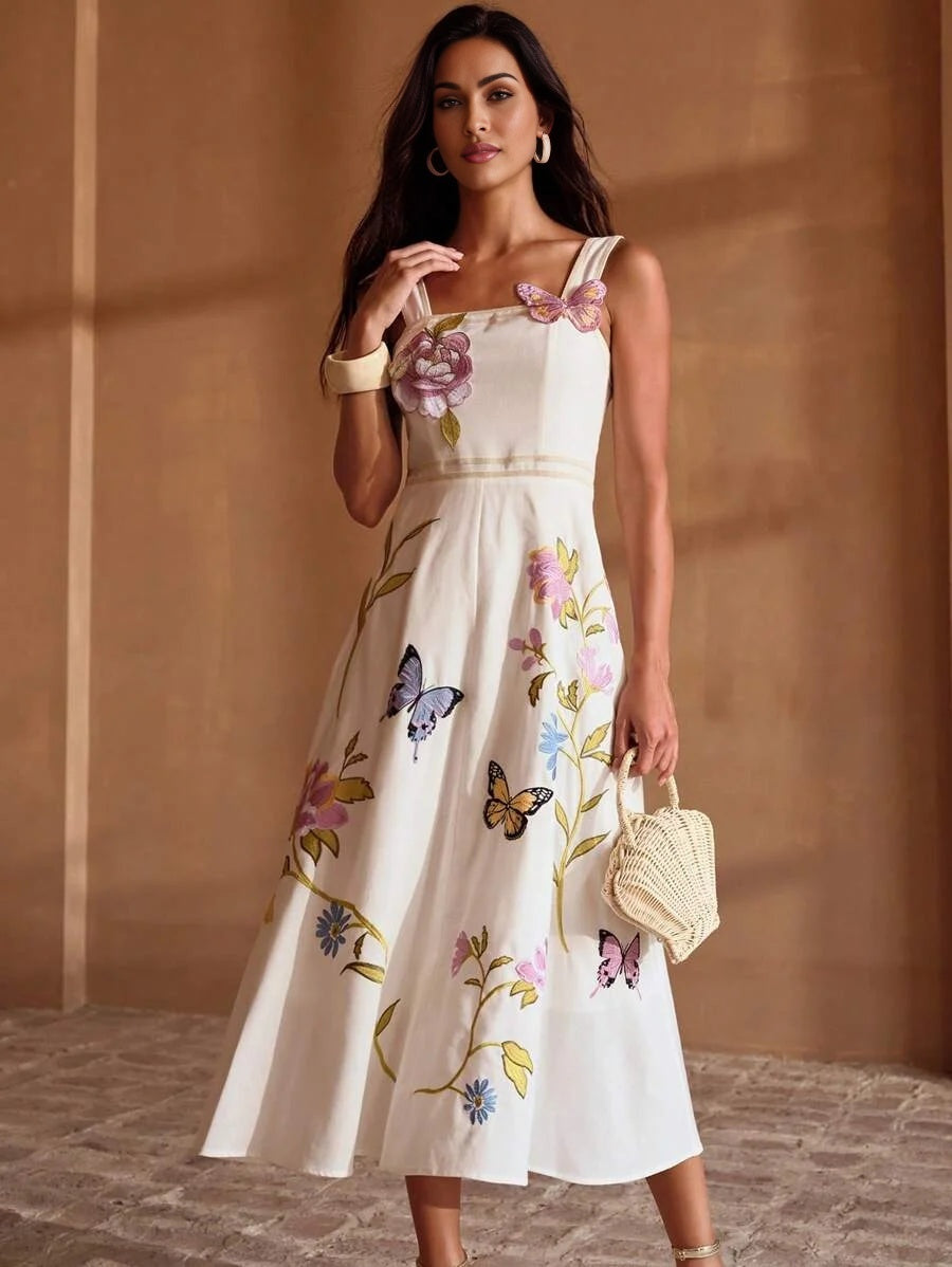 PREMIUM EMBROIDERED BUTTERFLY amp FLOWER PATTERN LINEN SLEEVELESS SQUARE NECK MIDI DRESS WITH WIDE