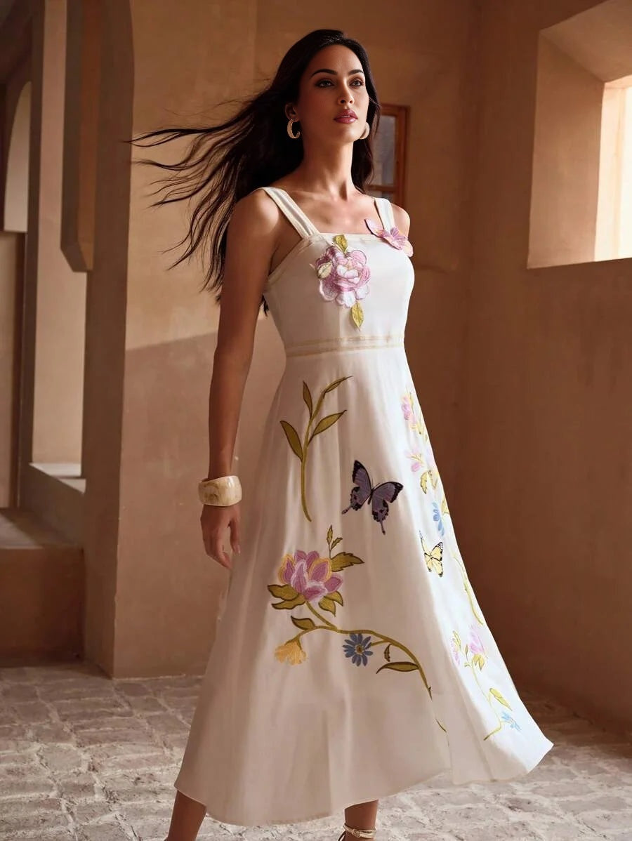 PREMIUM EMBROIDERED BUTTERFLY amp FLOWER PATTERN LINEN SLEEVELESS SQUARE NECK MIDI DRESS WITH WIDE